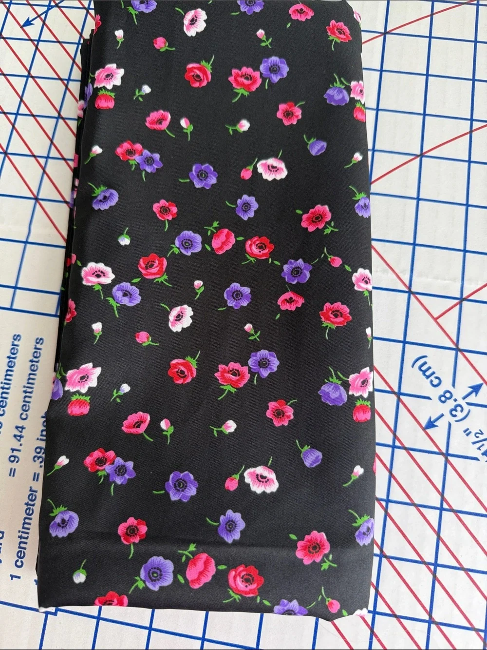 Vintage 80s 90s Ditsy Floral Fabric Black Pink Purple Polyester 2.25 Yards
